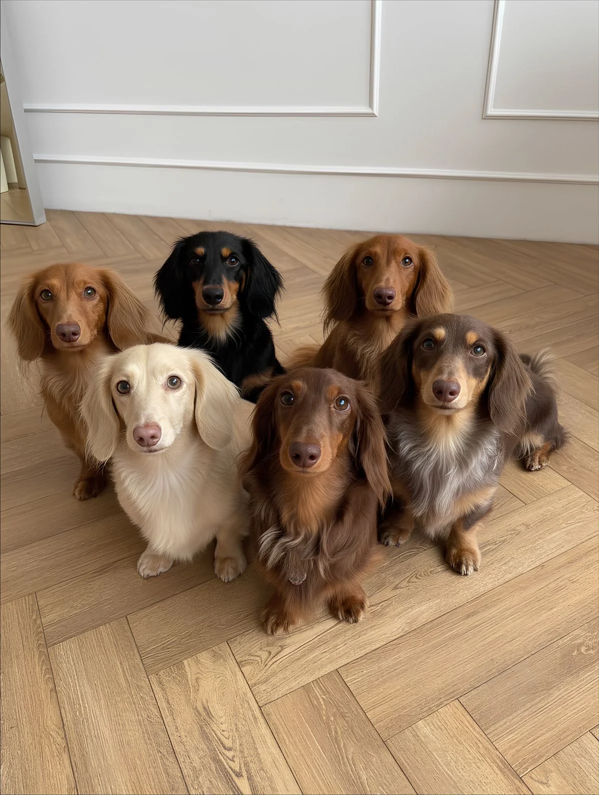 Six teckels réunis sur un parquet.